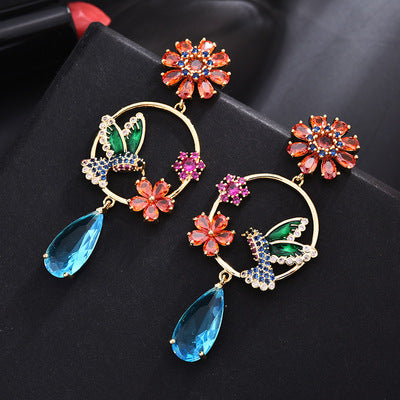 S925 Silver Needle Set with Color Zircon Flower Hummingbird Circle Earrings