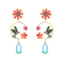 S925 Silver Needle Set with Color Zircon Flower Hummingbird Circle Earrings