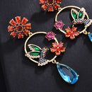 S925 Silver Needle Set with Color Zircon Flower Hummingbird Circle Earrings
